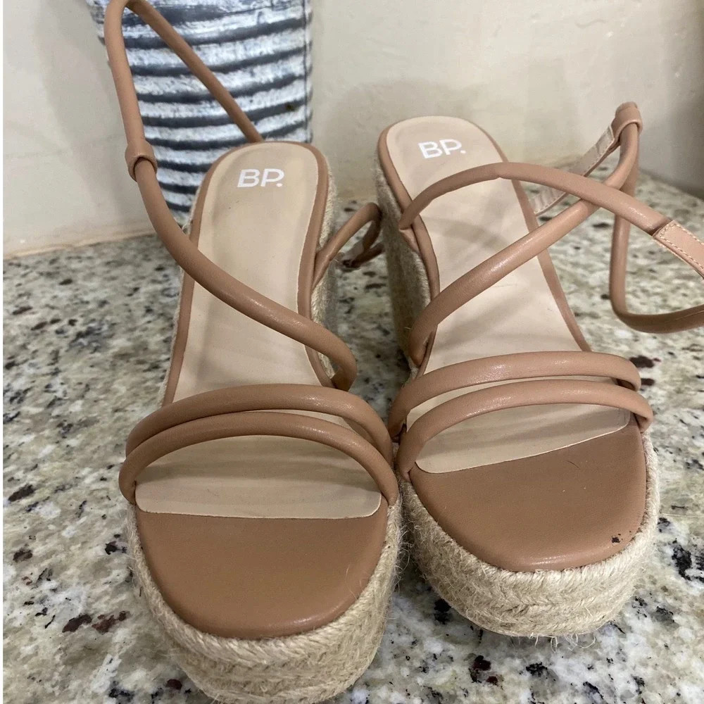 BP Chan-PU Tan Faux Leather Espadrille‎ Platform Wedge Sandals Size 8.5M